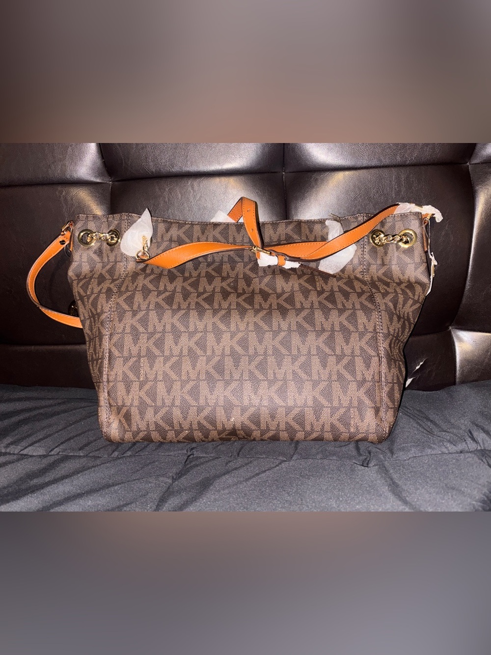 Michael Kors Brown MK Monogram Tote with Orange Straps